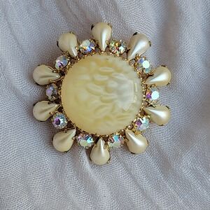Vintage 1960s Brooch Molded Satin Glass Sunflower AB Crystals Mid Century Glam